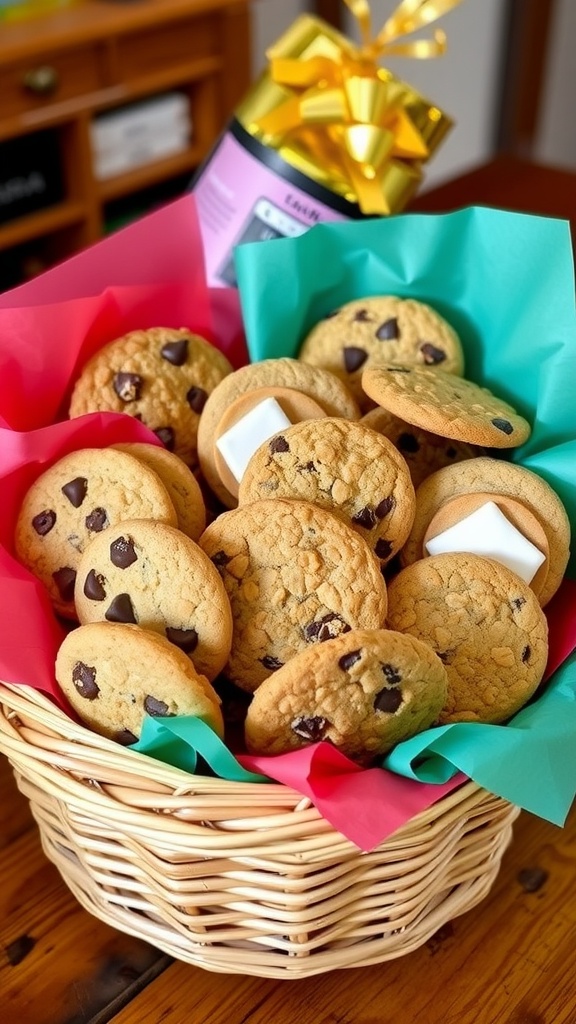 A vibrant cookie gift basket filled with assorted cookies, including chocolate chip, oatmeal raisin, and decorated sugar cookies, presented on a charming table.